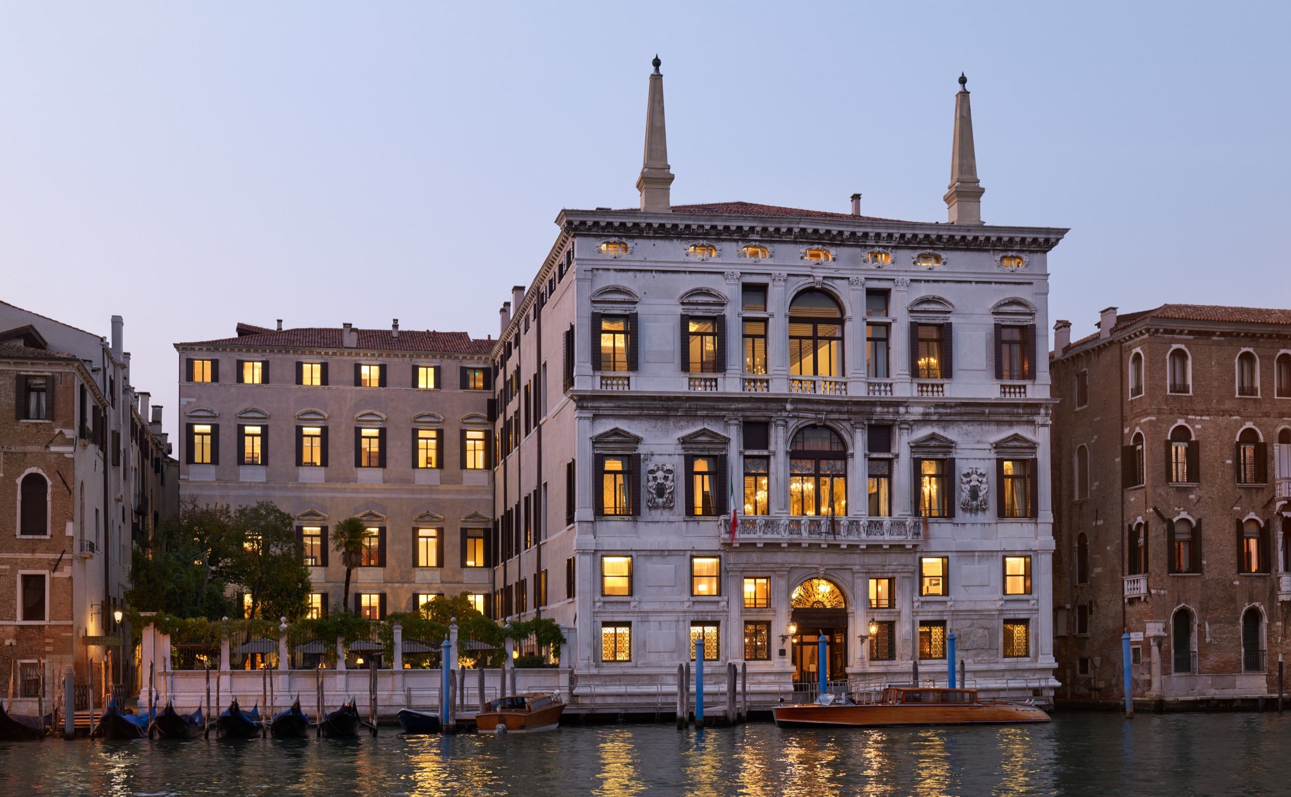 Aman Venice palazzo illuminated at dusk